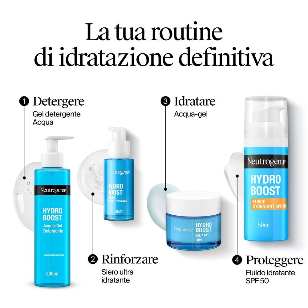 Quattro prodotti della linea Neutrogena Hydro Boost: Detergente, Siero, Aqua-Gel, Fluido SPF 50.