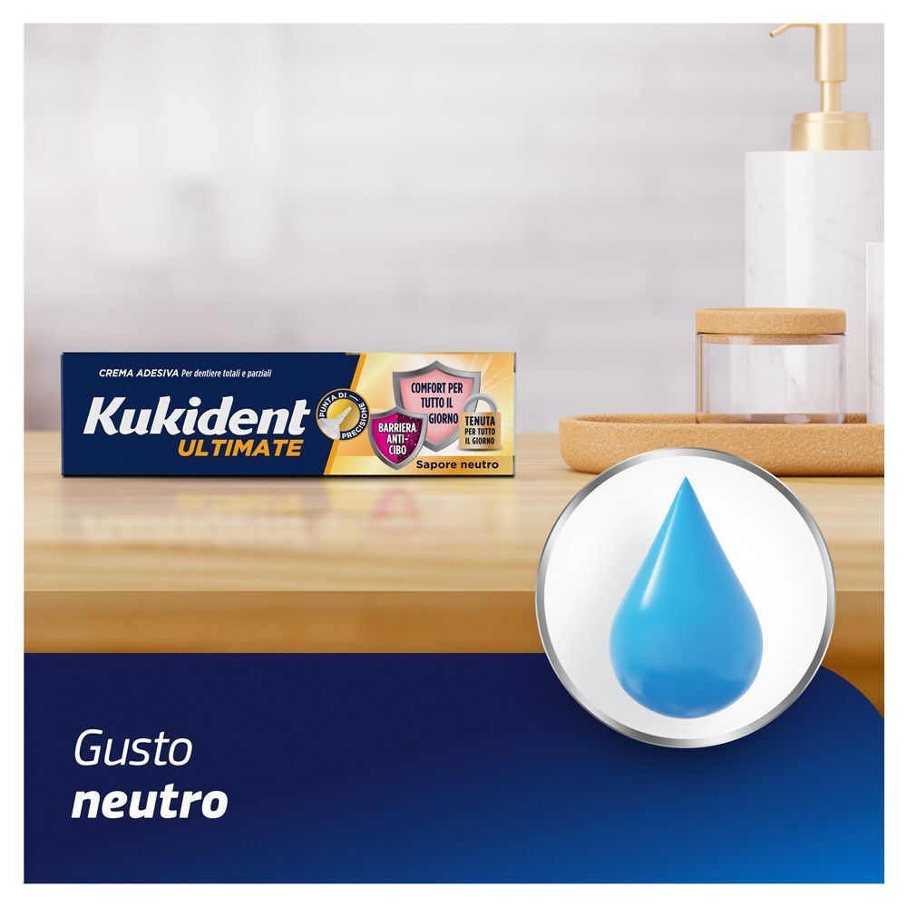 Crema adesiva Kukident Ultimate, gusto neutro, con simbolo goccia.
