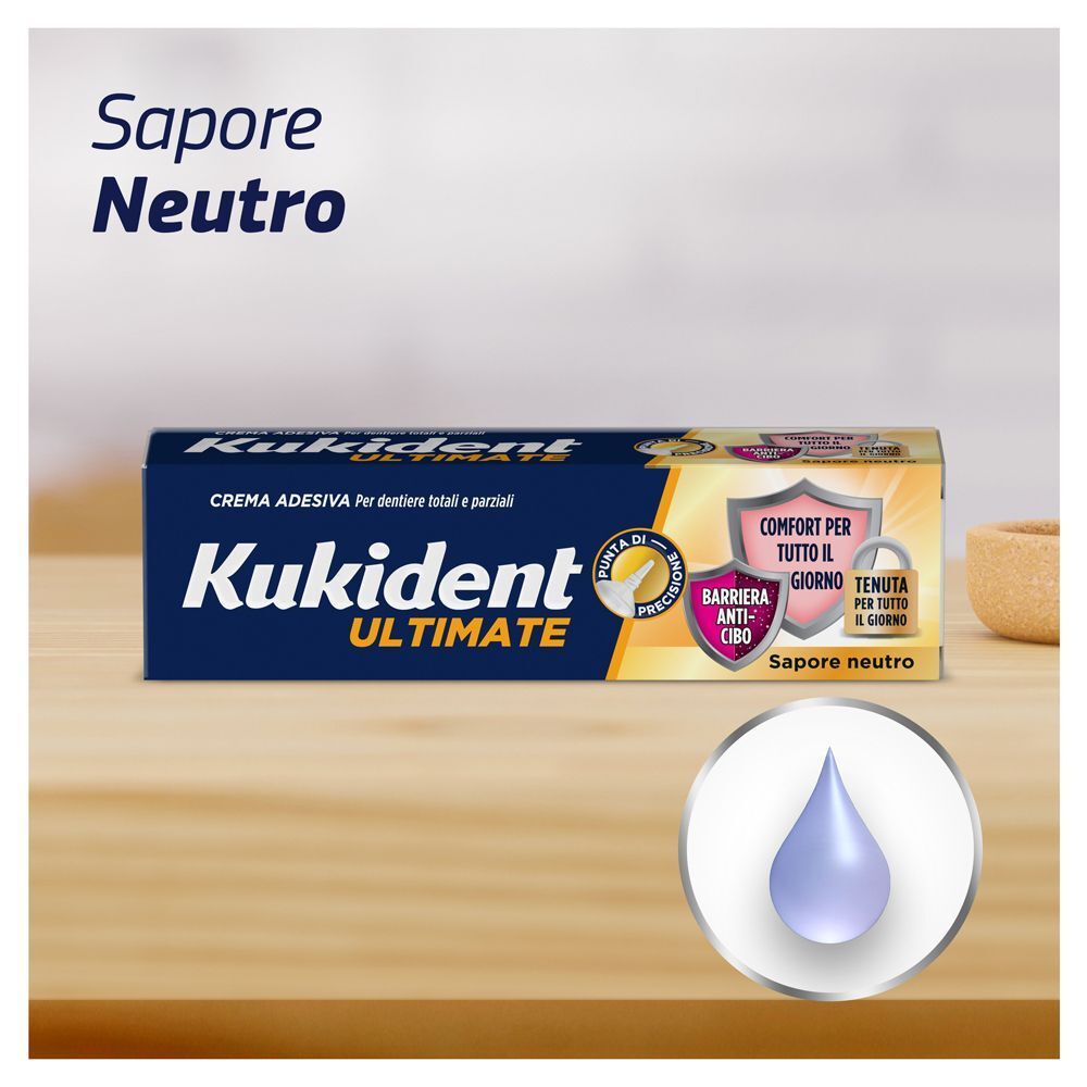 Crema adesiva Kukident Ultimate, gusto neutro, con simbolo goccia.