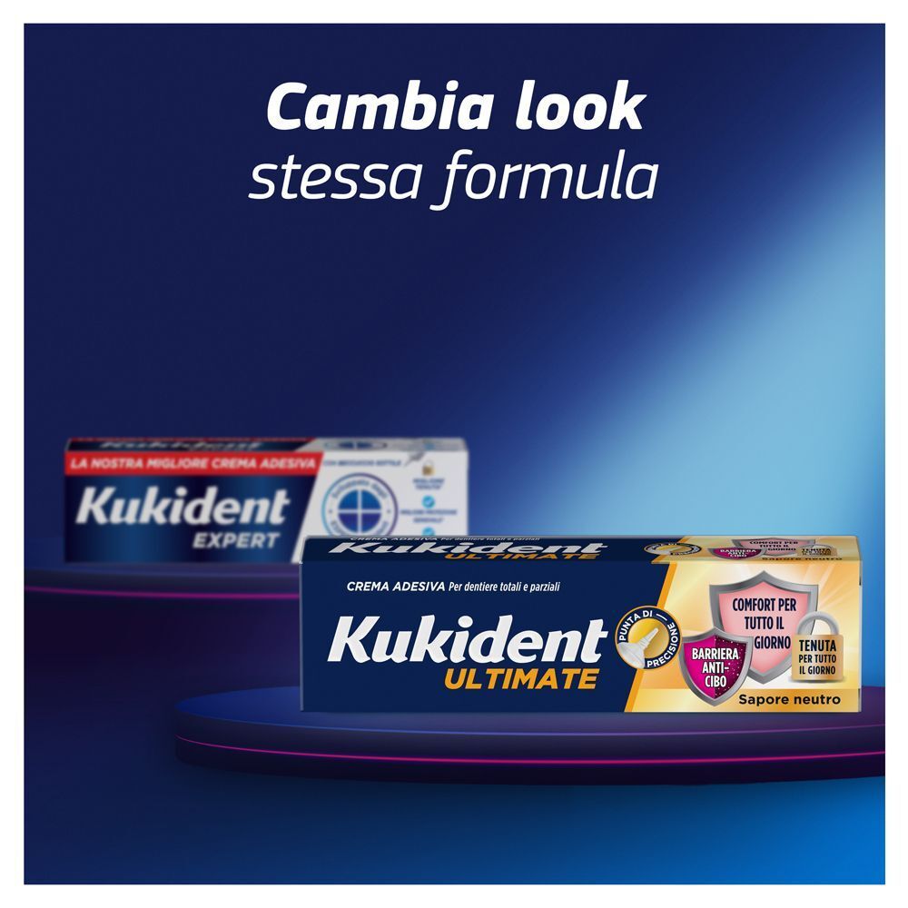 Due confezioni di crema adesiva Kukident, Ultimate ed Expert, su piedistalli su sfondo scuro.