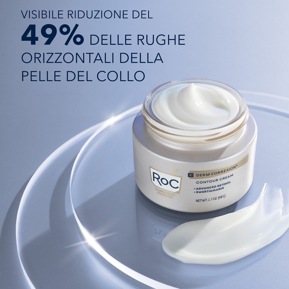 Crema contorno RoC Derm Correxion in un vasetto di vetro, con una spatolata di crema accanto.