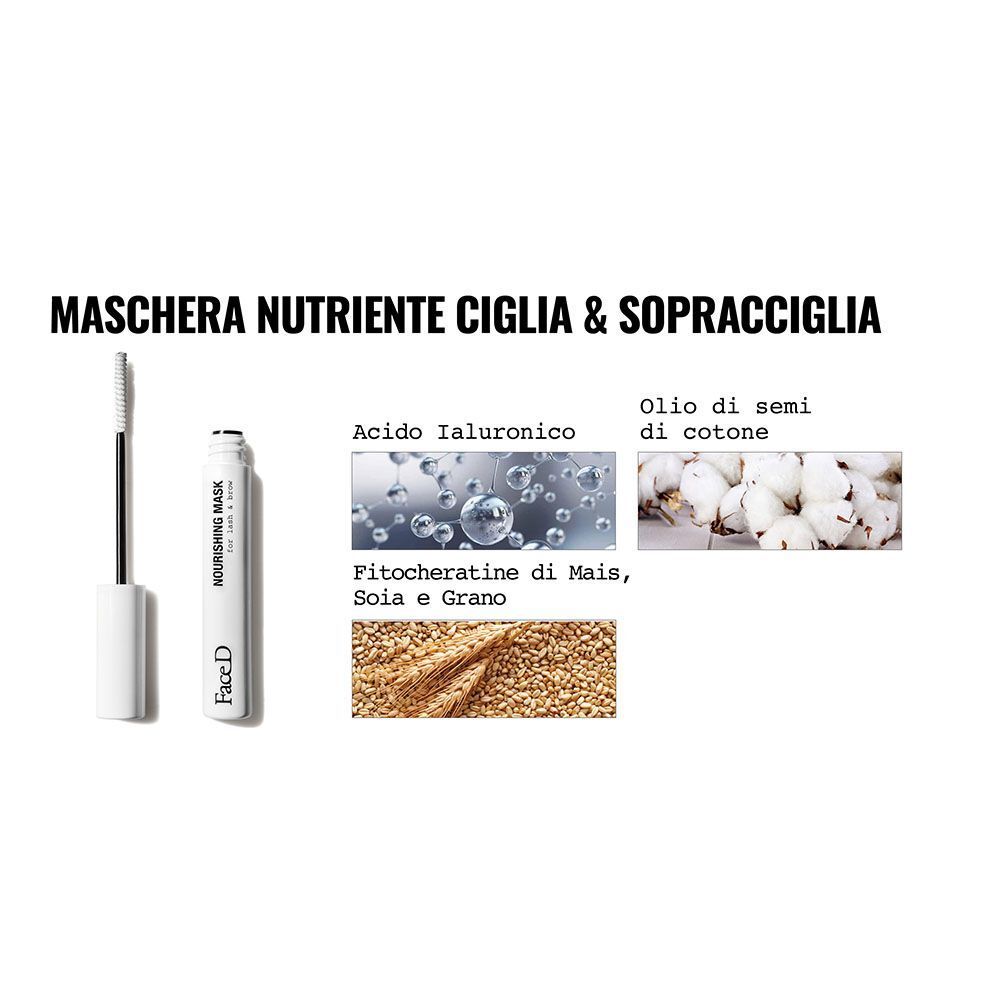 Face D Maschera Nutriente Per Ciglia & Sopracciglia con acido ialuronico, olio di semi di cotone e glutine di mais/soia/grano.