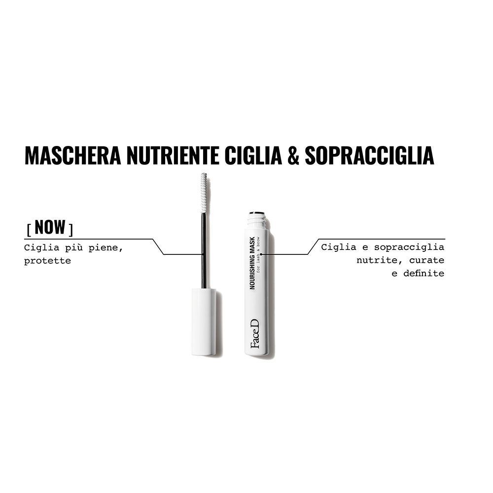 Face D Maschera Nutriente: applicatore e tubo con indicazioni per ciglia e sopracciglia più piene, protette, nutrite e definite.