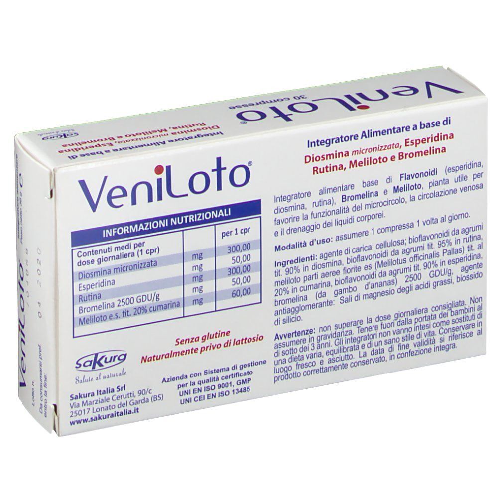 Confezione di Veniloto, retro con informazioni nutrizionali e ingredienti. Contiene 30 compresse.