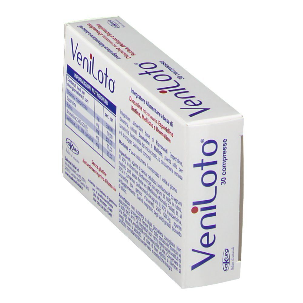 Confezione di Veniloto, vista di tre quarti anteriore. Contiene 30 compresse.