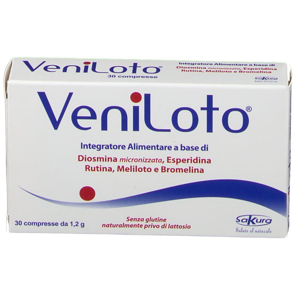 Confezione di Veniloto, integratore alimentare a base di Diosmina, Esperidina, Rutina, Meliloto e Bromelina. 30 compresse.