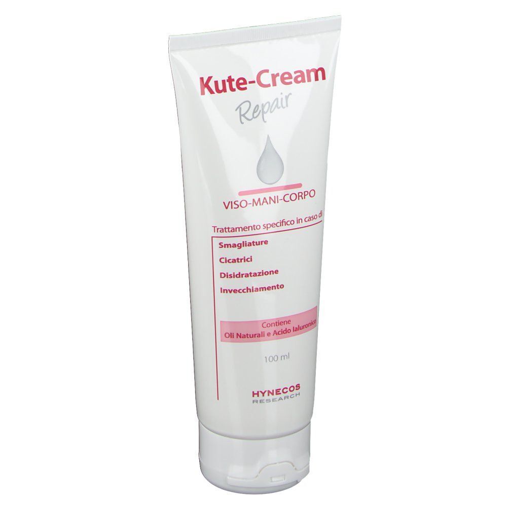 Un tubo bianco Kute-Cream Repair Viso Mani Corpo con accenti rossi e grigi.