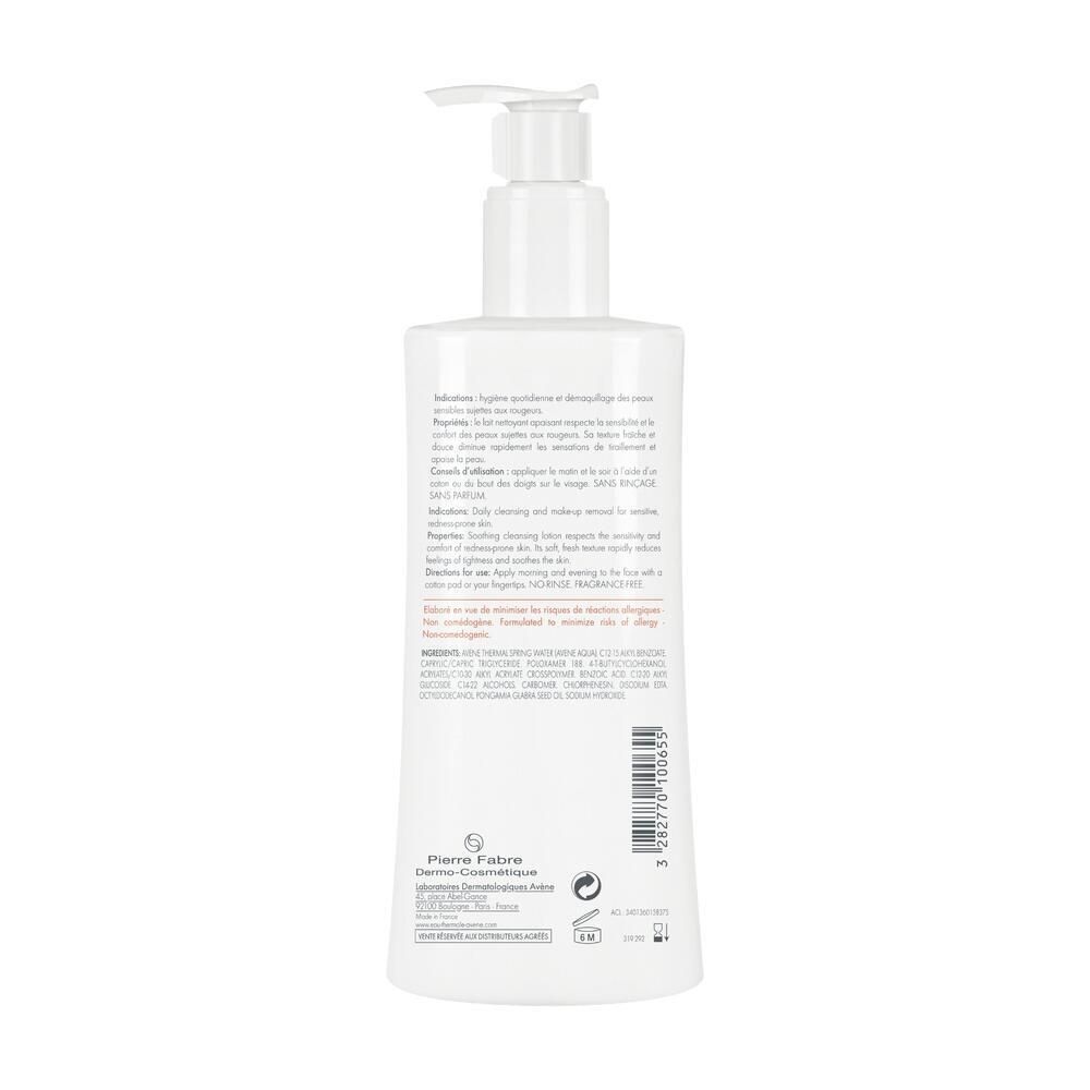 Retro di un flacone pump bianco Eau Thermale Avène Antirougeurs Clean con informazioni sul prodotto.
