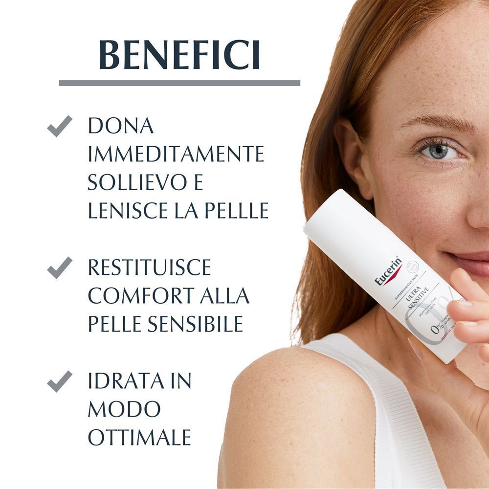 Donna tiene flacone Eucerin UltraSENSITIVE. Elenco benefici: sollievo immediato, comfort, idratazione.