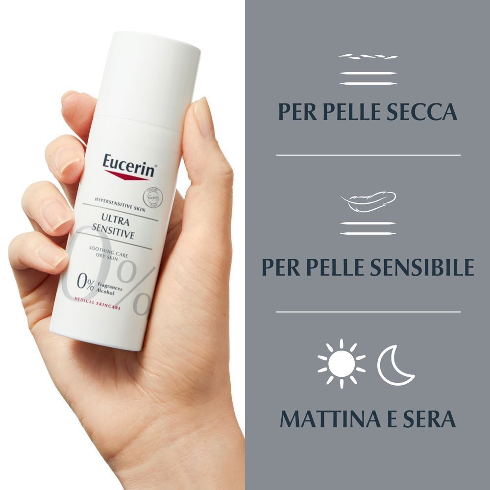 Mano tiene flacone Eucerin UltraSENSITIVE. Per pelle secca e sensibile. Mattina e sera.