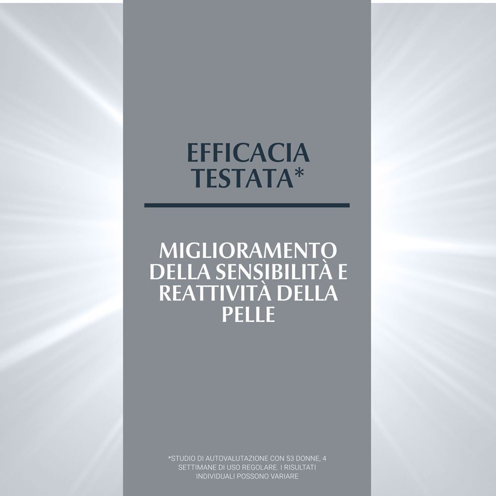 Testo con titolo 'Efficacia testata'. Migliora sensibilità e reattività della pelle.