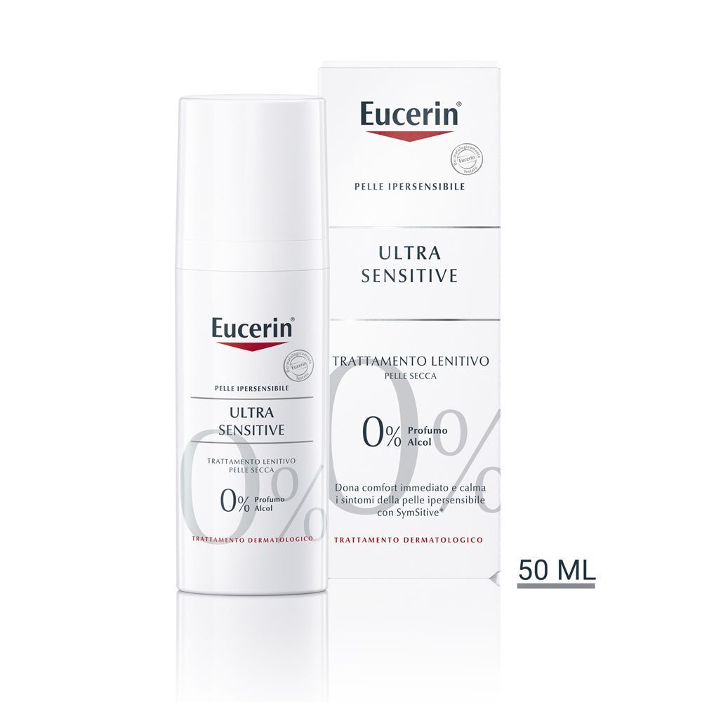 Flacone e astuccio Eucerin UltraSENSITIVE per pelle secca. 50 ml.