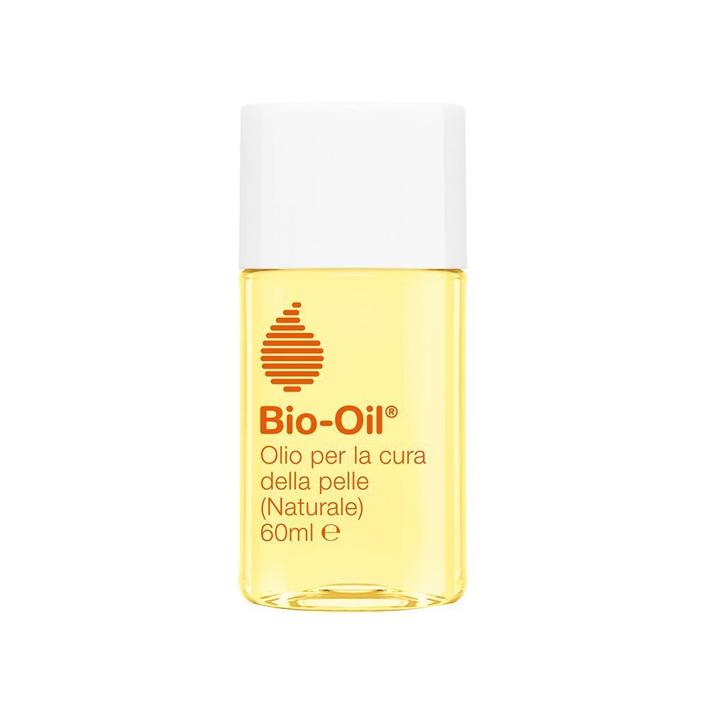 Un flacone di Bio-Oil Naturale 60ml, olio giallo in contenitore trasparente con tappo bianco e logo arancione.