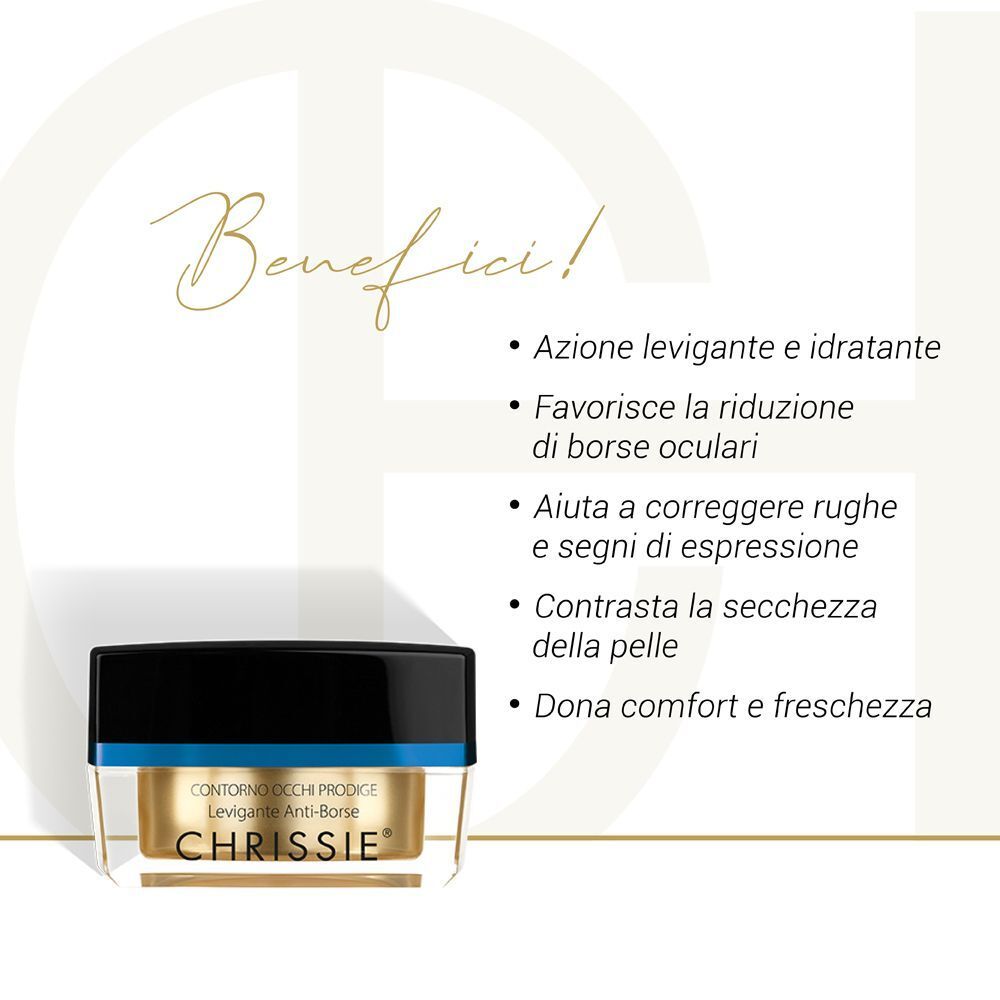 Un vasetto di Chrissie Crema Contorno Occhi Prodige Levigante Anti-Borse accanto a un elenco di benefici.