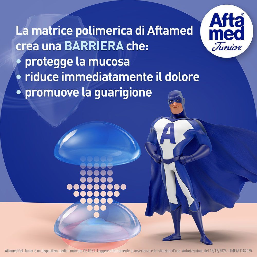AftaMed Junior: matrice polimerica crea una barriera protettiva, riduce il dolore, promuove la guarigione.
