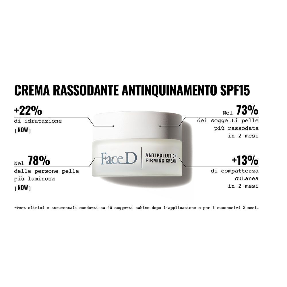 Vasetto Face D Crema Rassodante Antinquinamento SPF15 con infografica su idratazione e compattezza.