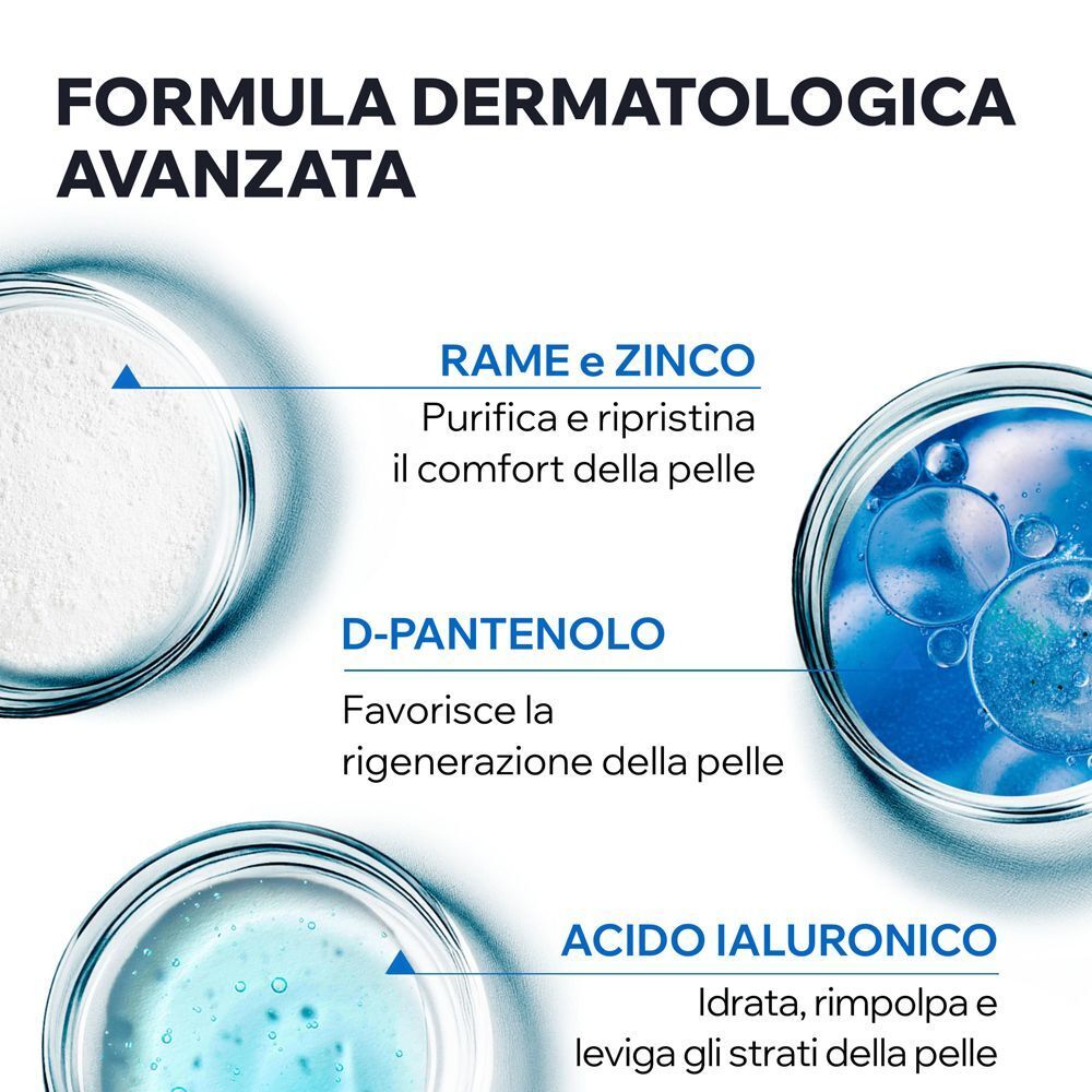 Formula con Rame, Zinco, D-Pantenolo, Acido Ialuronico per comfort cutaneo.
