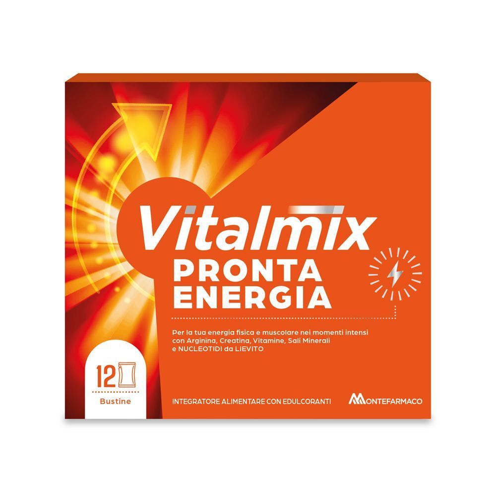Confezione Vitalmix Pronta Energia, arancione, 12 bustine, contro stanchezza fisica e muscolare.