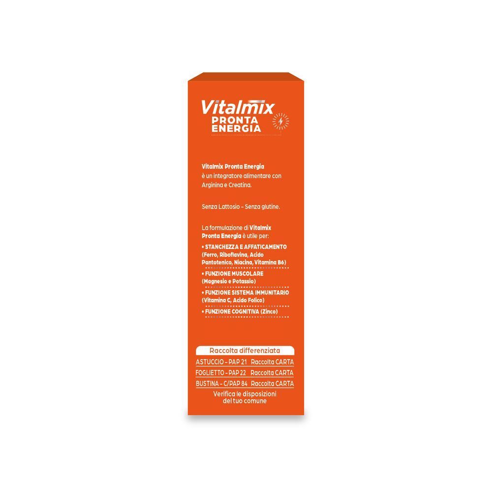 Retro della confezione Vitalmix Pronta Energia, arancione, con informazioni sul prodotto.