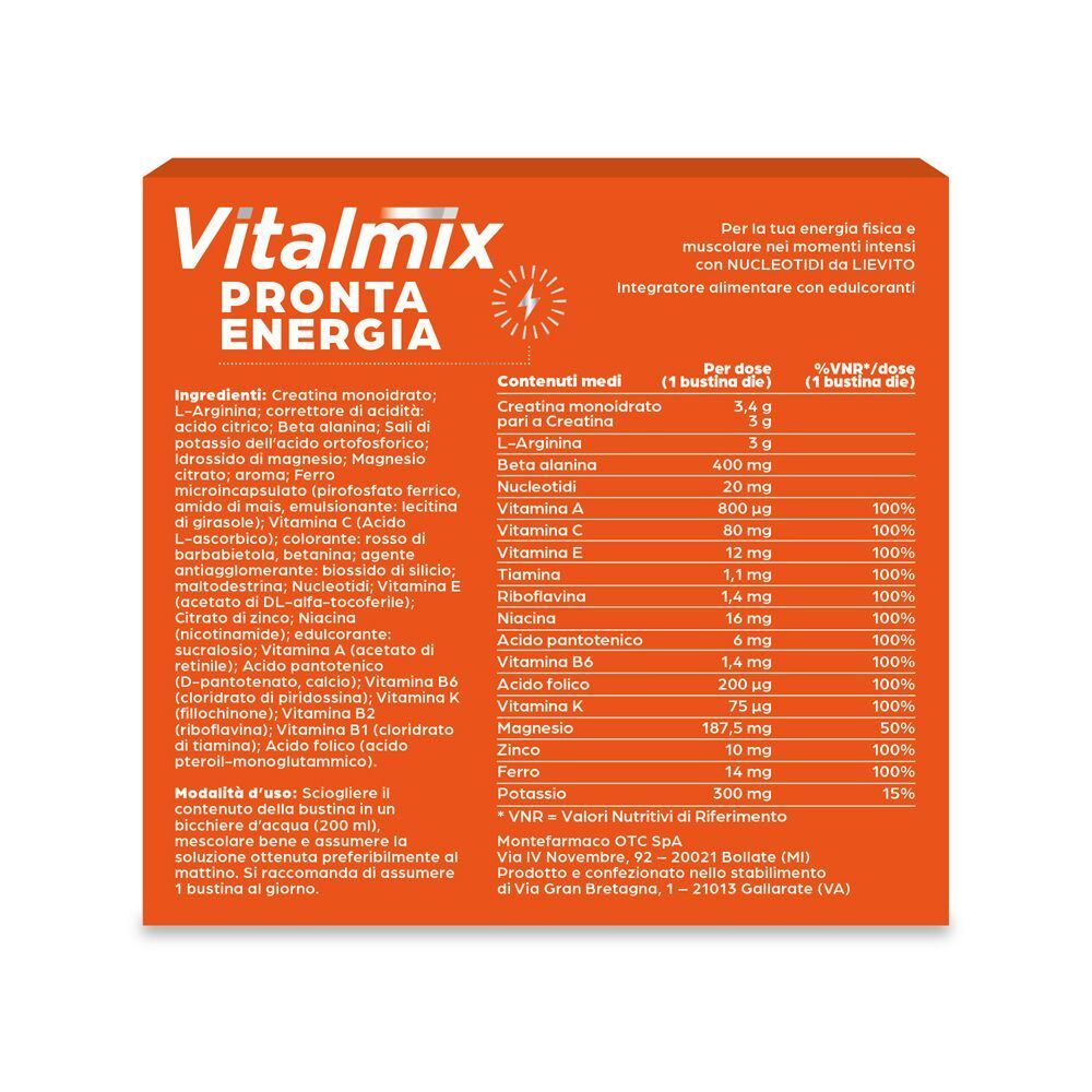 Confezione Vitalmix Pronta Energia, arancione, con ingredienti e valori nutrizionali.