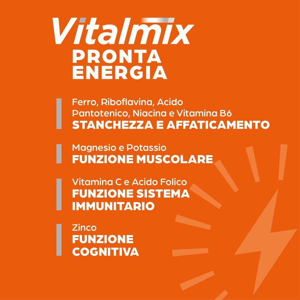 Vitalmix Pronta Energia, arancione, con dettagli su ferro, magnesio, zinco e vitamine.