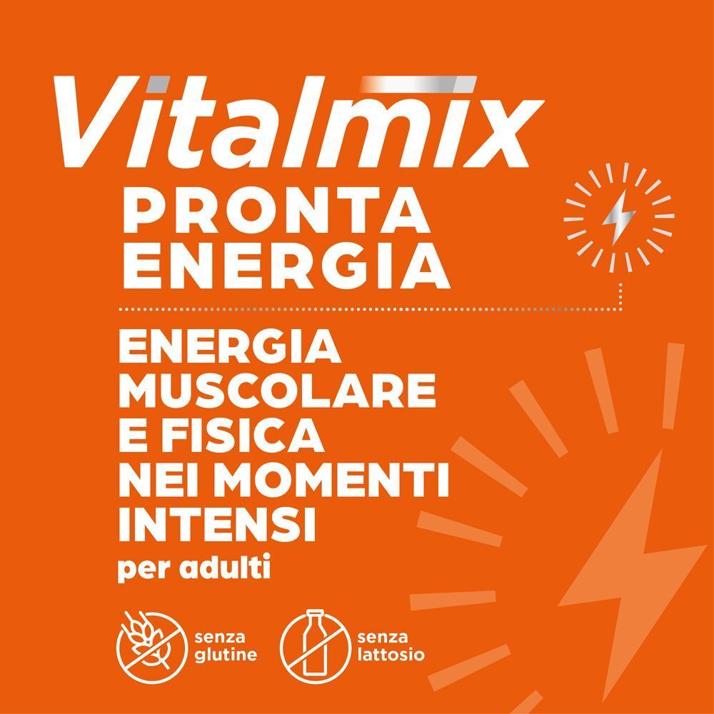 Vitalmix Pronta Energia. Primo piano del fronte con enfasi su energia e muscoli.