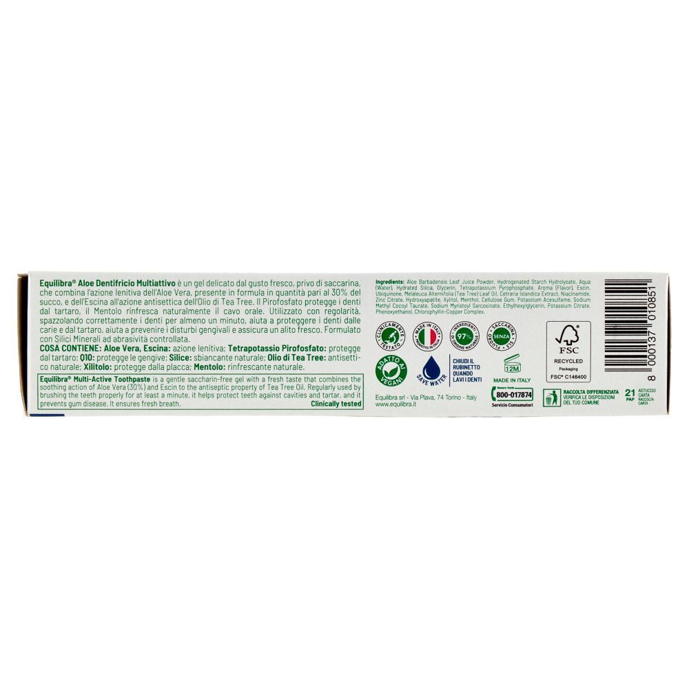 Tubo dentifricio con Aloe Vera e Tea Tree Oil, contiene ingredienti e certificazioni.