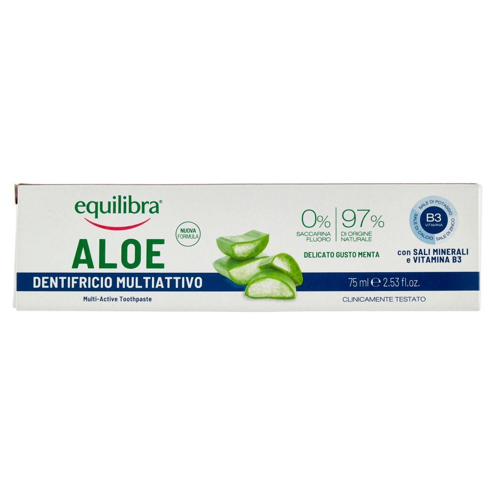 Confezione dentifricio Equilibra Aloe, 75ml, con Aloe Vera e Vitamina B3.