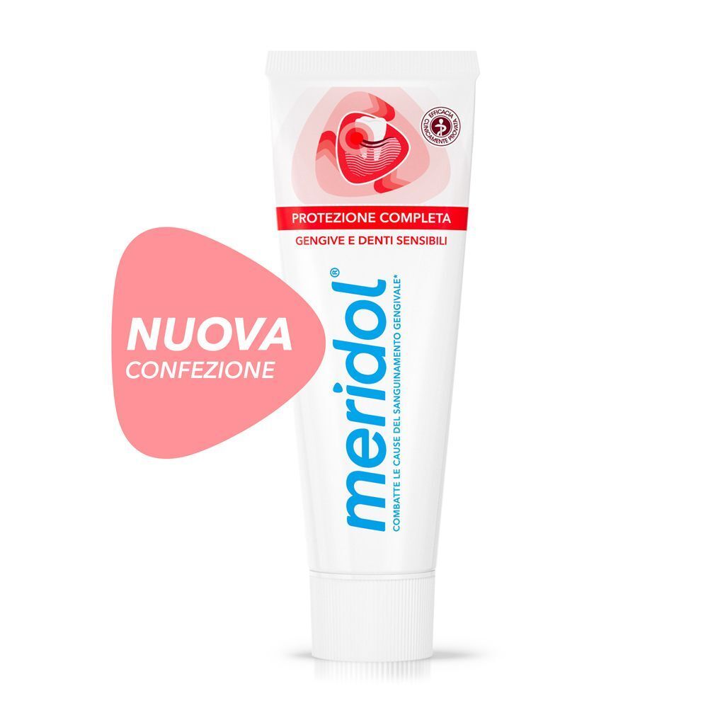 Tubo di dentifricio Meridol con elemento di design rosso e illustrazione di un dente.