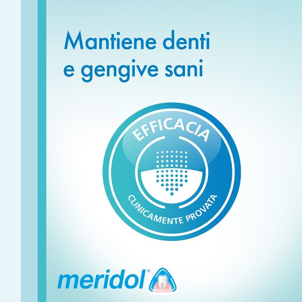 Logo Meridol e sigillo 'Clinicamente provato' con simbolo dente/gengiva.