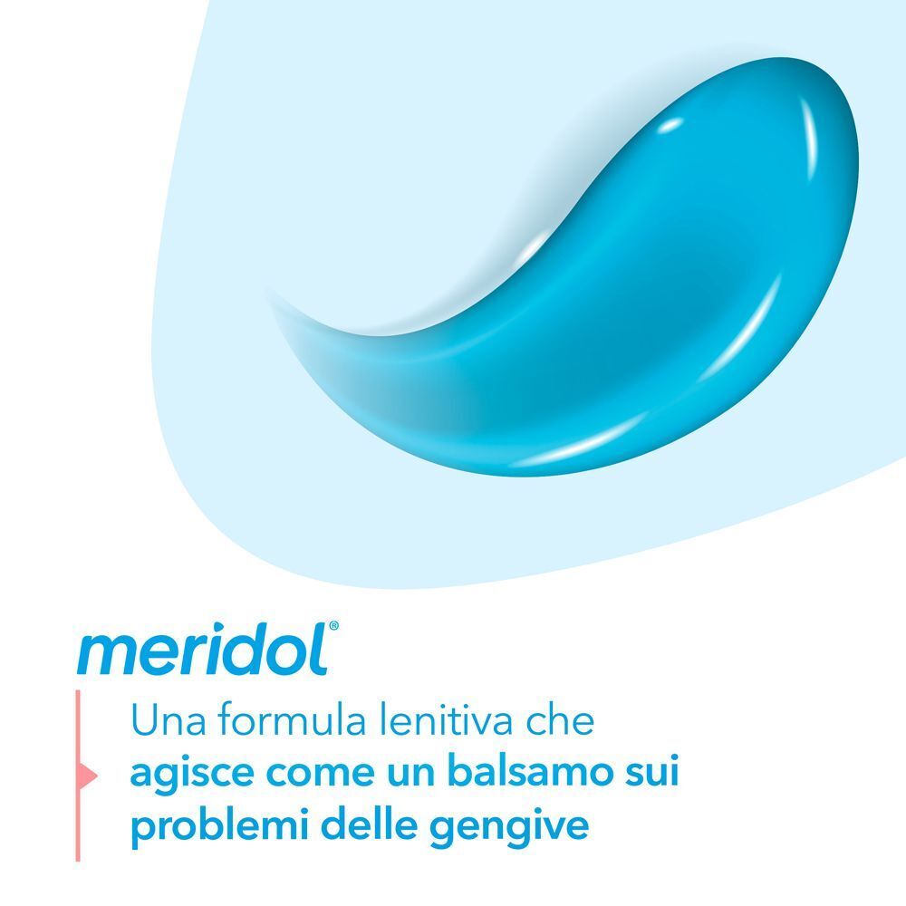 Traccia di dentifricio turchese su sfondo chiaro, logo Meridol.