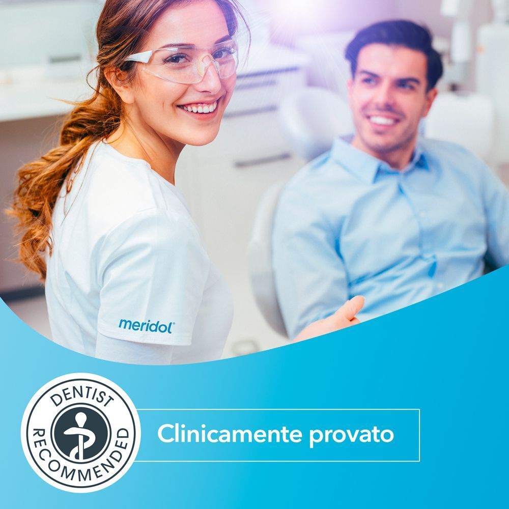 Dentista e paziente sorridenti, logo Meridol, sigillo 'Consigliato dai dentisti'.