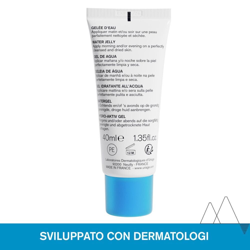 Retro di un tubo URIAGE Eau Thermale Gelée d'eau con istruzioni e ingredienti.
