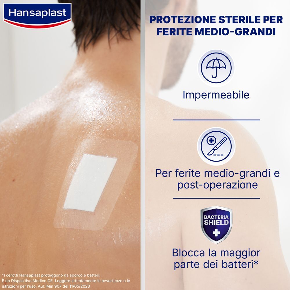 Cerotto Hansaplast Aqua Protect XXL sulla pelle, impermeabile, per ferite medio-grandi, protegge dai batteri.