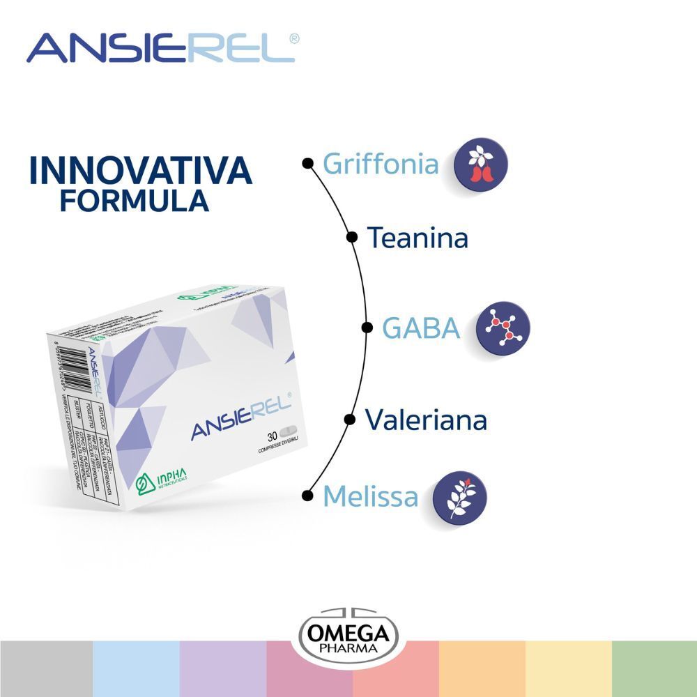 Confezione ANSİEREL® formula innovativa, contiene Griffonia, Teanina, GABA, Valeriana, Melissa.
