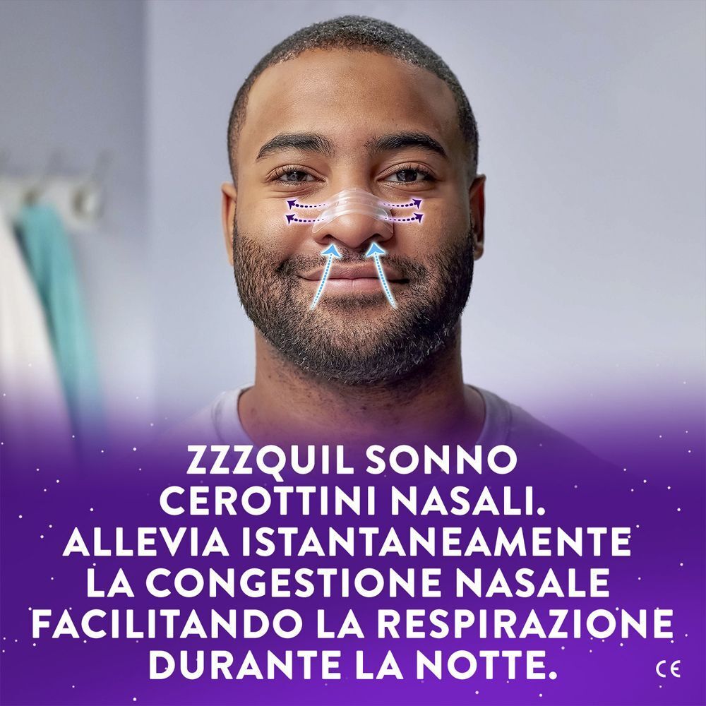 Uomo con cerottino nasale che migliora la respirazione. Testo: Allevia istantaneamente la congestione.