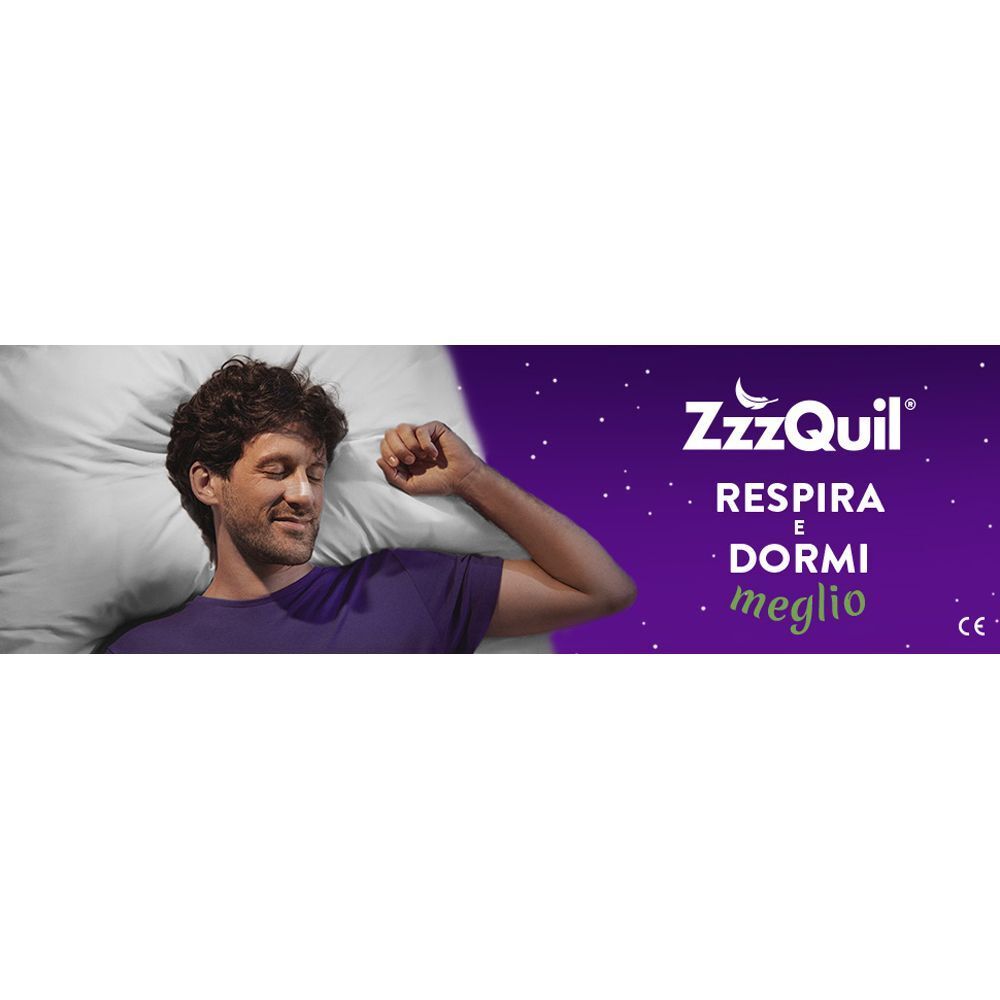 Uomo che dorme serenamente. Testo: Vicks ZzzQuil. Respira e dormi meglio.
