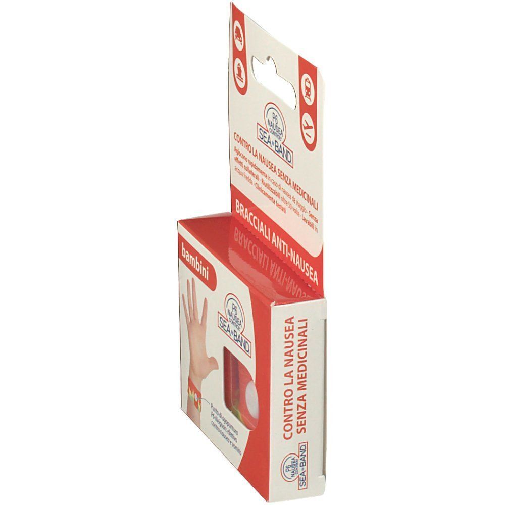 Vista laterale di una confezione di bracciali anti-nausea P6 Nausea Control per bambini. Bracciale rosso con bottone bianco.