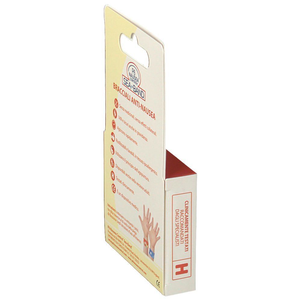 Vista laterale di una confezione di bracciali anti-nausea P6 Nausea Control per bambini. Bracciale rosso con bottone bianco.