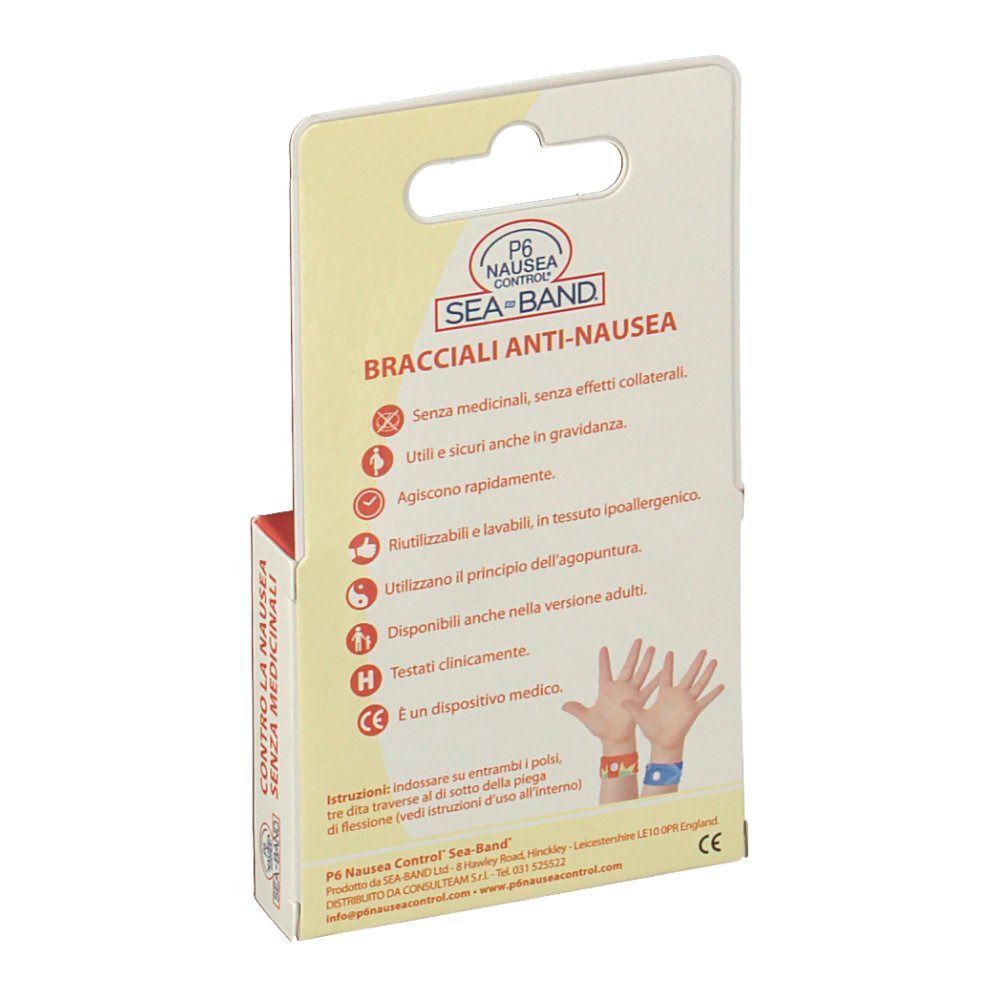 Retro di una confezione di bracciali anti-nausea P6 Nausea Control per bambini. Testo e icone di applicazione.