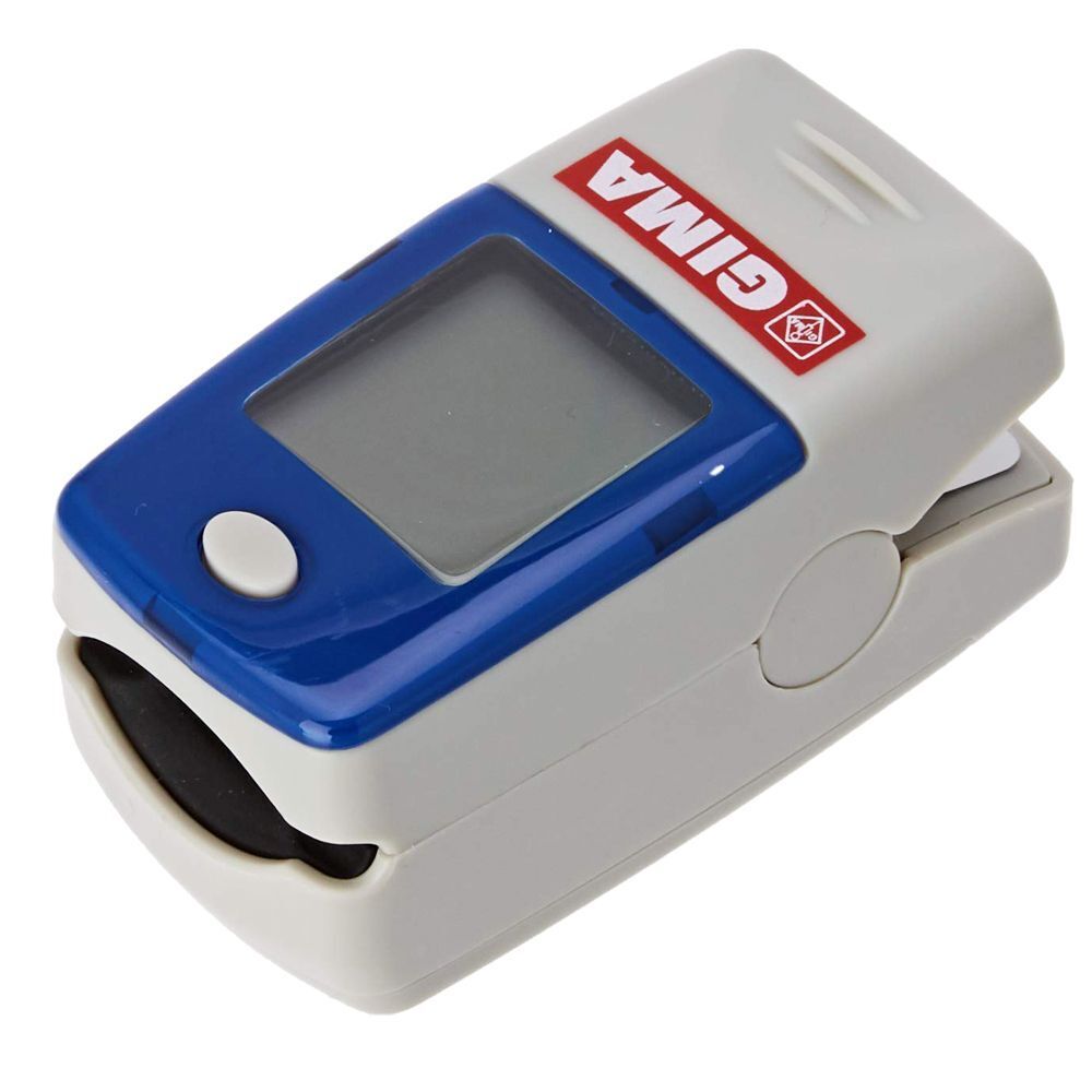 Un pulsossimetro GIMA Pulsoximetro Da Dito Oxy-5 bianco e blu con display e logo GIMA.
