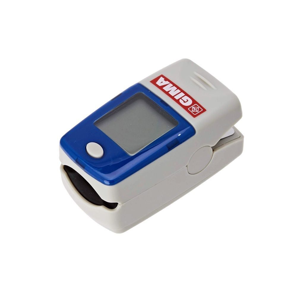 Un pulsossimetro GIMA Pulsoximetro Da Dito Oxy-5 bianco e blu con display e logo GIMA.