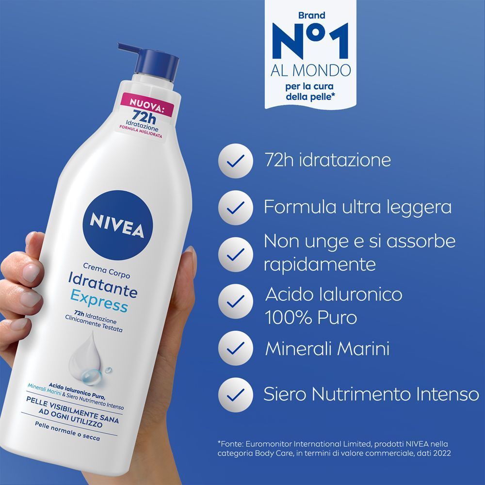 Flacone Nivea Crema Idratante Express con erogatore, idratazione 72h, formula leggera.