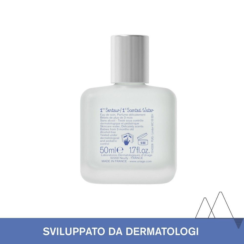 Retro di un flacone di acqua profumata Uriage Bébé 1ère Senteur, 50ml, prodotto in Francia.