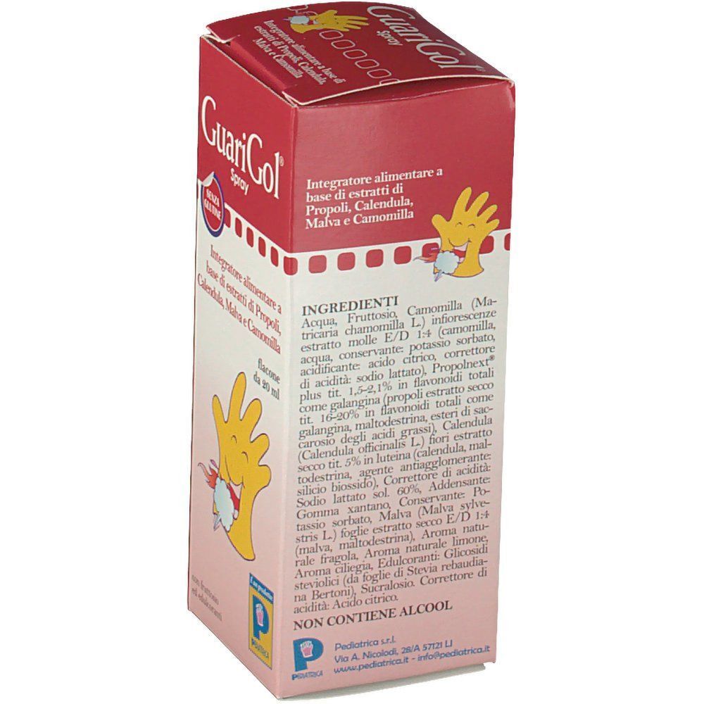 Retro di una confezione di GuariGol Spray (20 ml) con elenco ingredienti e informazioni produttore.