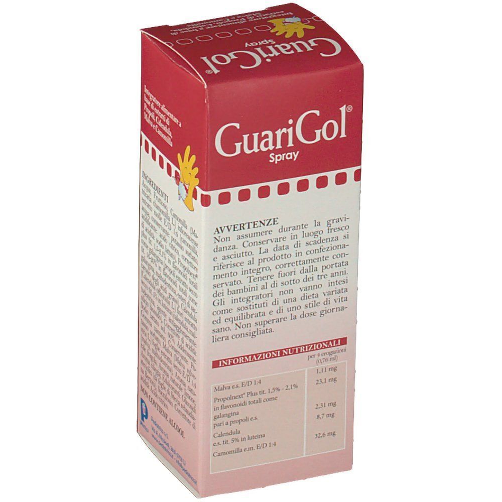 Lato di una confezione di GuariGol Spray (20 ml) con avvertenze e informazioni nutrizionali.