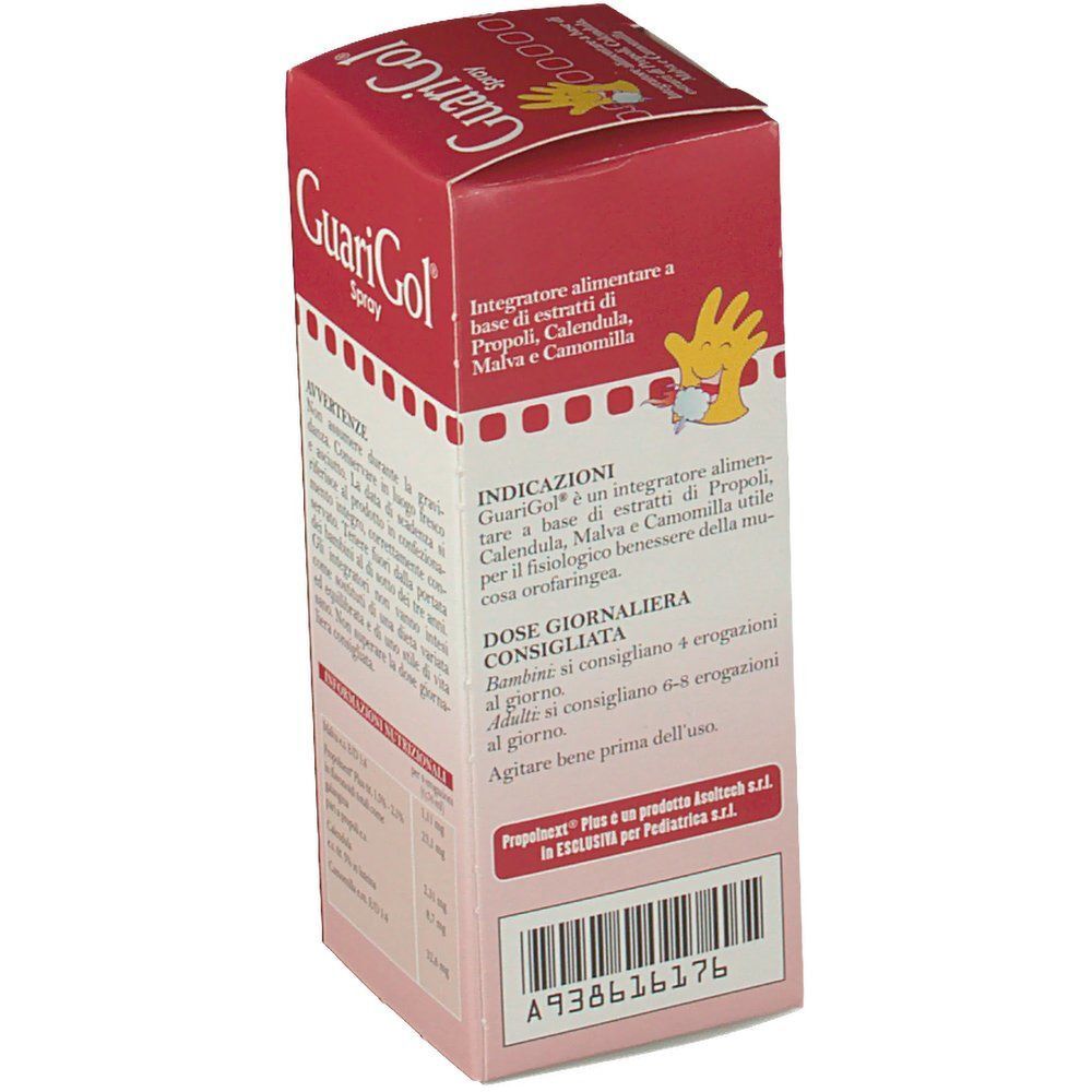 Lato di una confezione di GuariGol Spray (20 ml) con indicazioni d'uso e codice a barre.