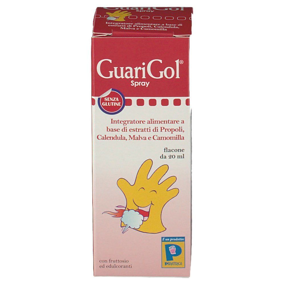 Fronte di una scatola GuariGol Spray (20 ml). Scatola rossa con logo giallo, illustrazione mano sorridente e scritta 'Senza Glutine'.