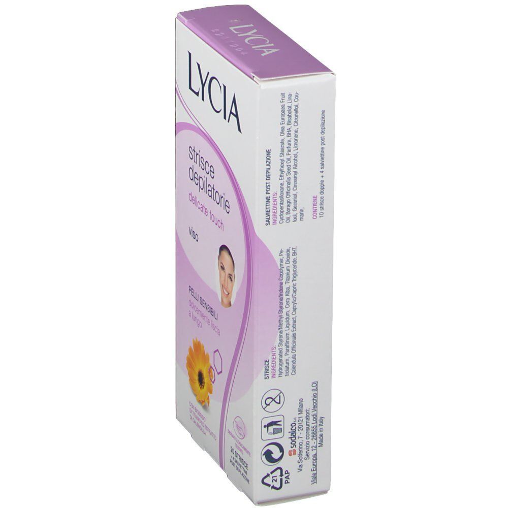 Vista laterale di una confezione di Lycia Strisce Depilatorie Delicate Touch Viso. Contiene istruzioni.