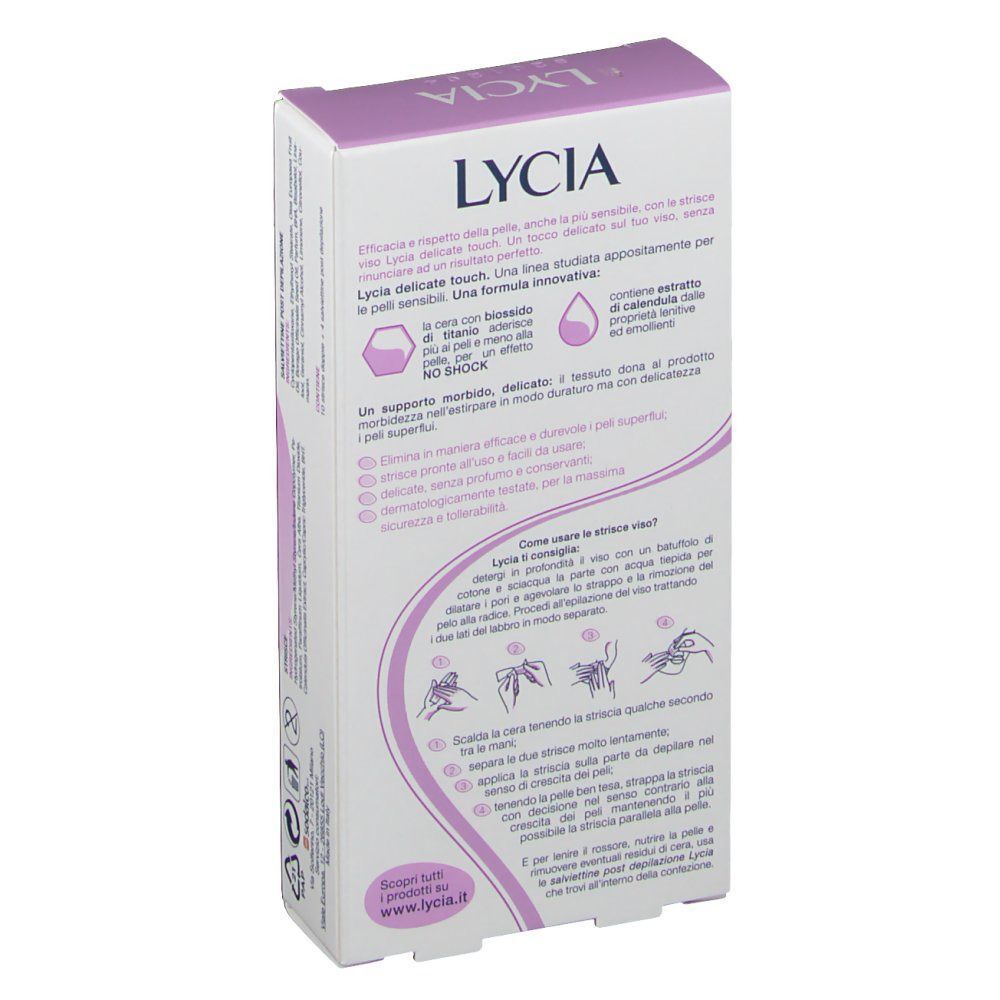 Retro di una confezione di Lycia Strisce Depilatorie Delicate Touch Viso. Mostra passaggi e ingredienti.